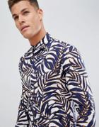 Celio Long Sleeve Slim Fit Shirt With Stretch In Leaf Print - Navy