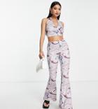 Vila Exclusive Recycled Blend Jersey Flared Pants In Purple Swirl Print - Part Of A Set-multi