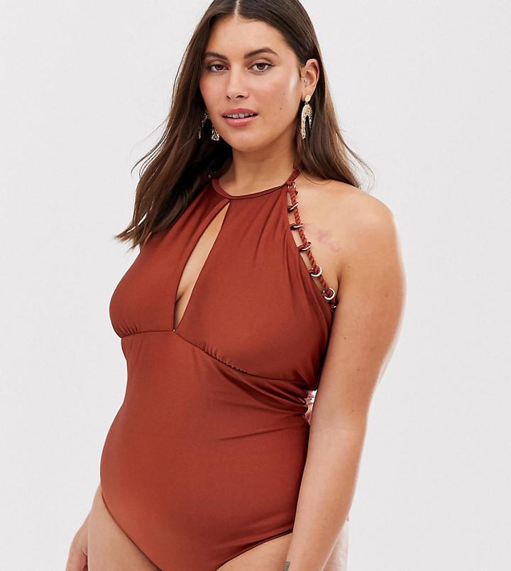 Simply Be Halterneck Swimsuit With Cut Out And Ring Detail In Rust - Red