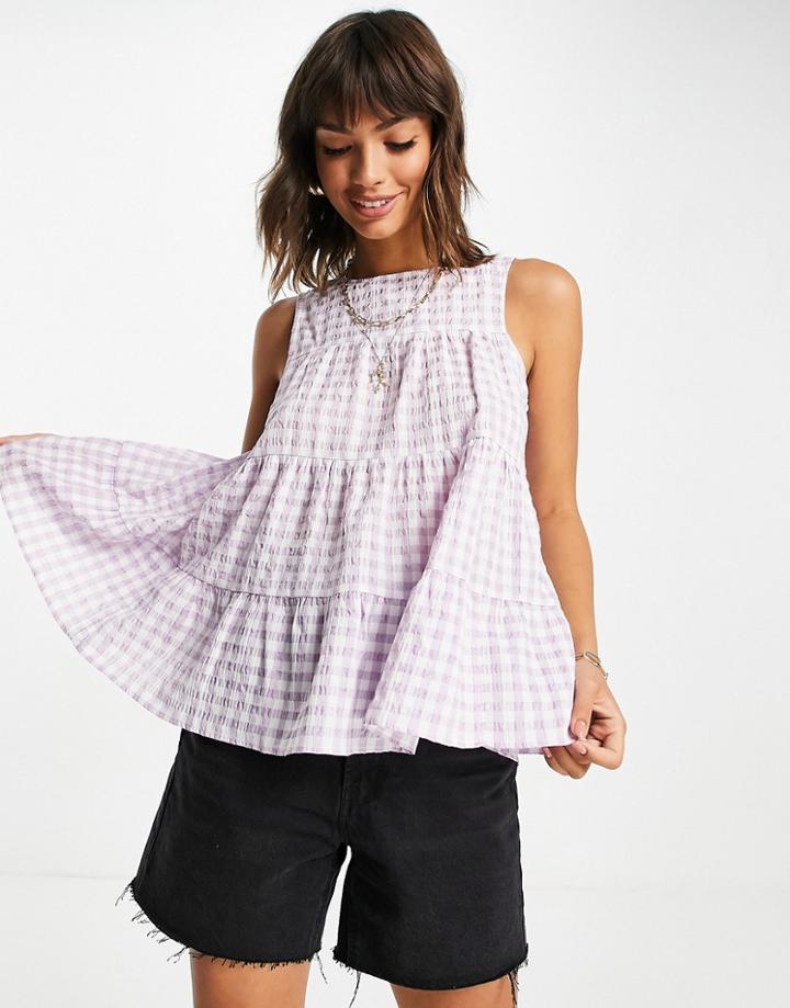 Asos Design Cotton Smock Tank Top In Lilac Gingham-purple