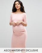 Asos Maternity Petite Bardot Dress With Half Sleeve In Lace - Pink