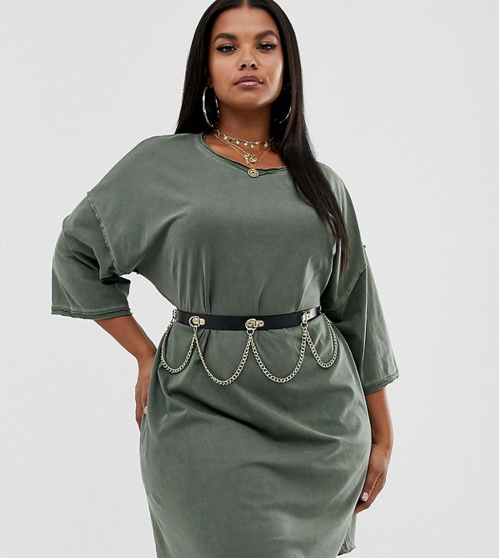 Asos Design Curve Skinny Gold Hanging Chain Waist And Hip Belt - Black