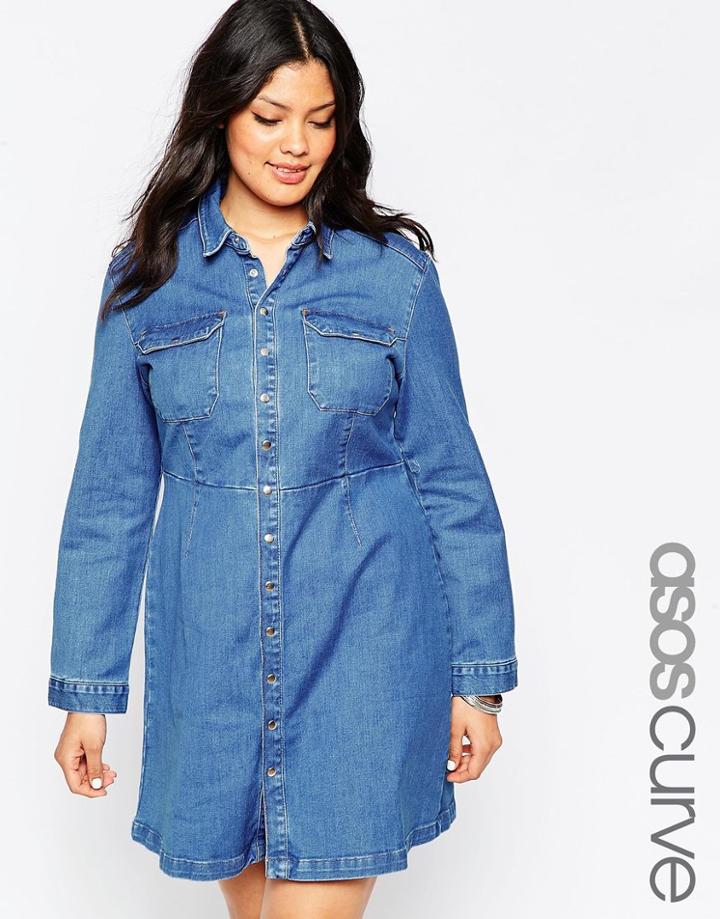 Asos Curve A-line Shirt Dress In 70's Blue - Blue