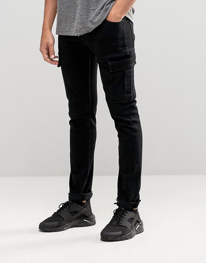 Asos Super Skinny Jeans With Cargo Pockets In Black - Black