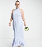 Vila Curve Exclusive Bridesmaid Halterneck Maxi Dress In Blue Satin