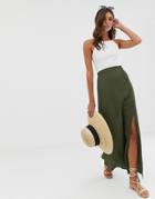 Asos Design Crinkle Maxi Skirt With Self Covered Buttons - Green