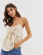 Asos Design Cami With Tie Front Detail In Linen - Tan