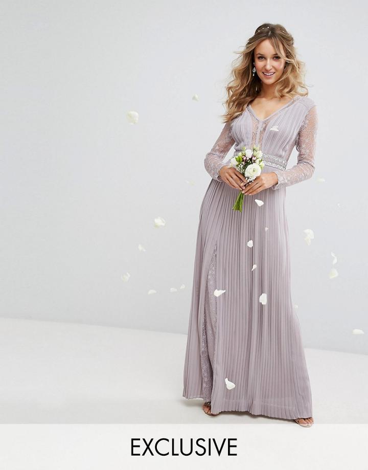 Tfnc Wedding Pleated Maxi Dress With Long Sleeves And Lace Inserts With Embellished Waist - Gray
