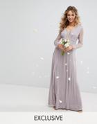 Tfnc Wedding Pleated Maxi Dress With Long Sleeves And Lace Inserts With Embellished Waist - Gray