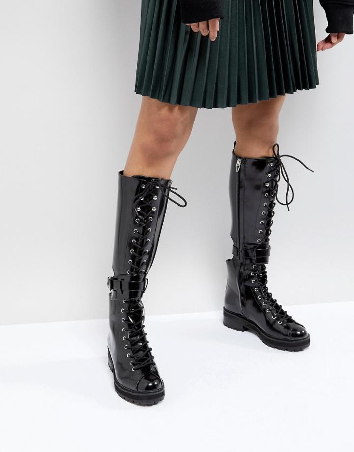Stradivarius Patent Knee High Worker Boots - Black