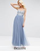 Needle & Thread Embroidered Bust Tulle Maxi Dress - Mid Blue
