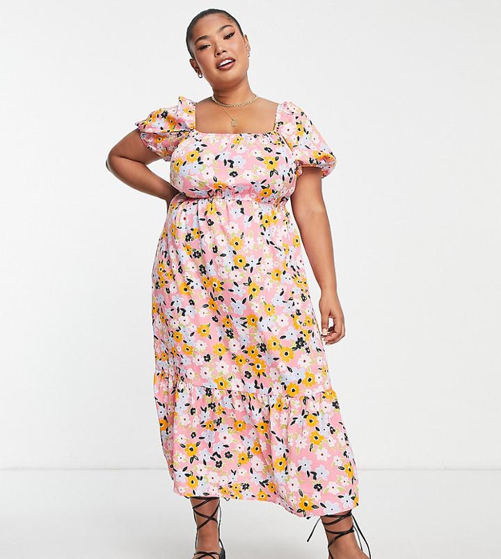 Yours Square Neck Puff Sleeve Midi Dress In Orange Floral