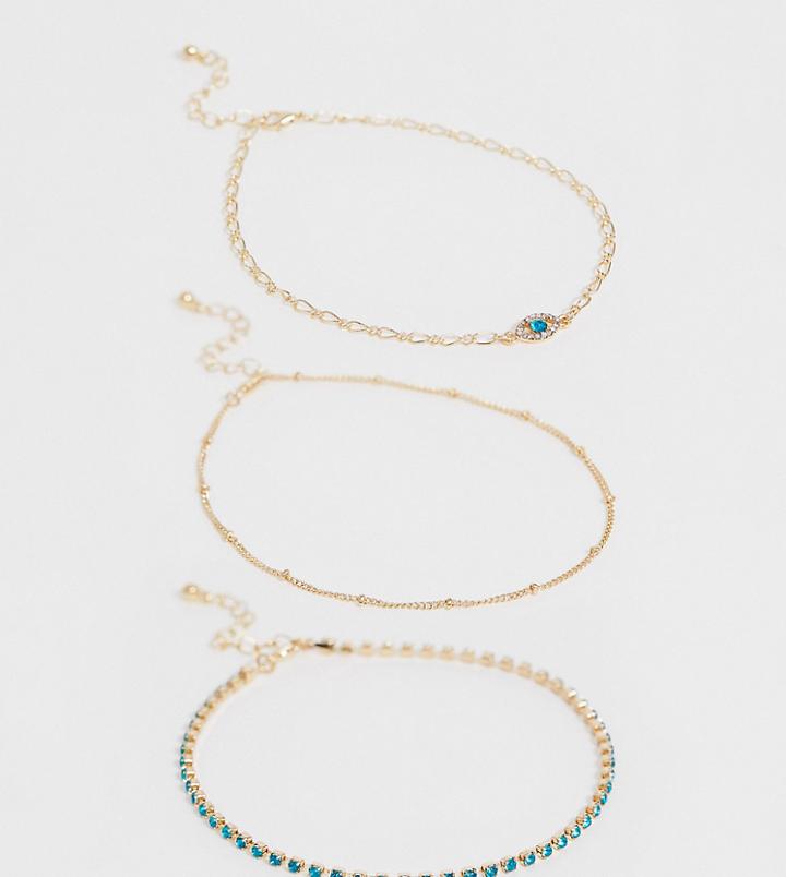 Asos Design Curve Pack Of 3 Anklets With Ball Chain And Crystal Eye Charm In Gold Tone - Gold