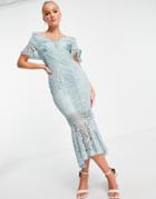 Asos Design Lace Dress With Off Shoulder And Peplum Hem-blues