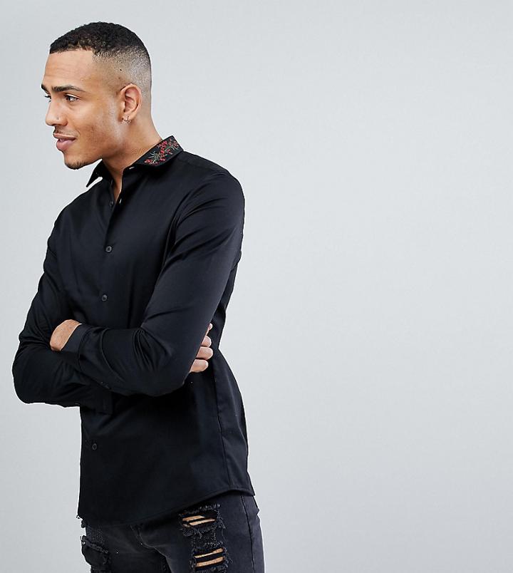 Asos Tall Slim Fit Shirt In White With Embroidered Collar - Black