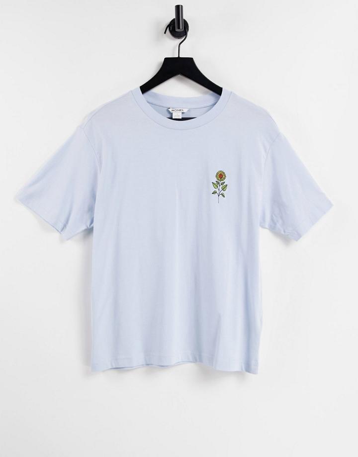 Monki Tovi Organic Cotton Embroidered Sunflower T-shirt In Blue-blues