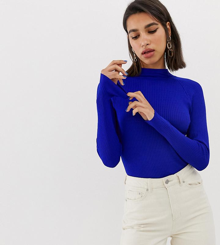 Mango Ribbed High Neck Sweater In Blue