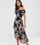 Parisian Tall Off Shoulder Midi Dress In Floral Print - Navy