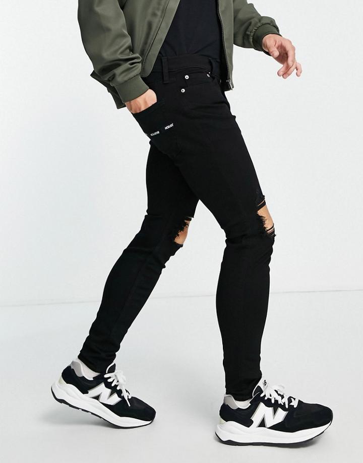 Hollister Superskinny Fit Knee Blowout Jeans In No Fade Black