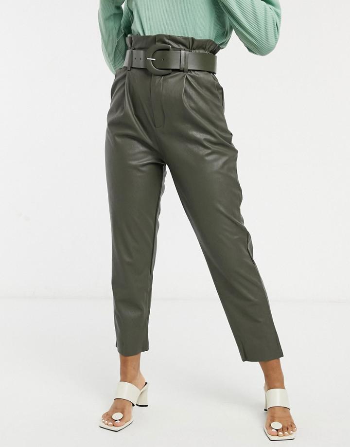 Stradivarius Faux Leather Paperbag Pants In Khaki-green