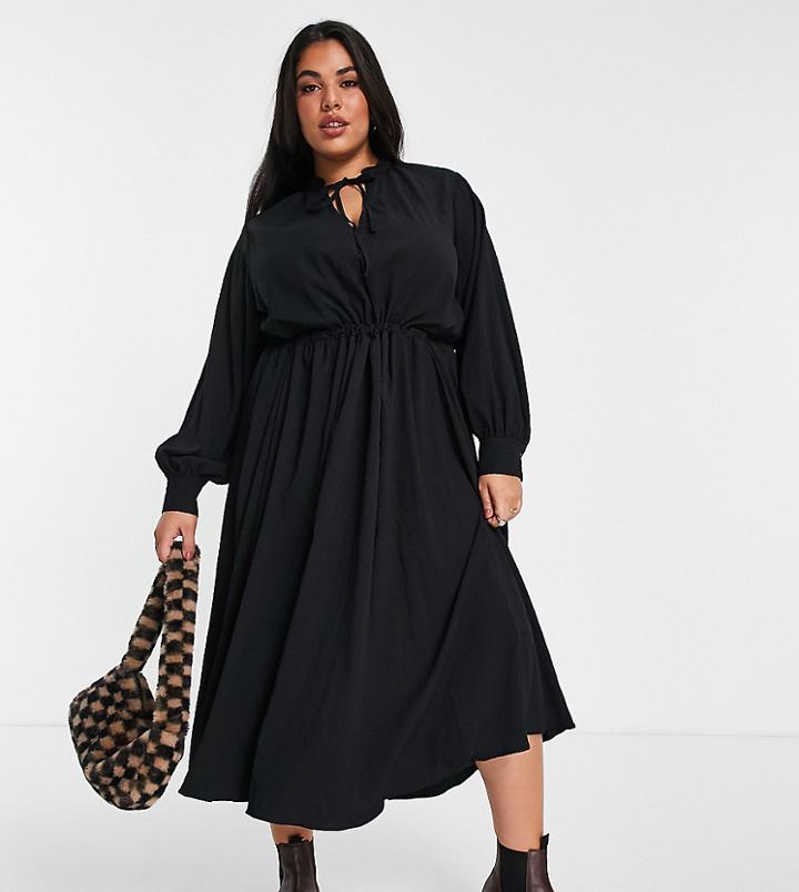 Asos Design Curve Textured Midi Smock Dress With Drawstring Detail In Black