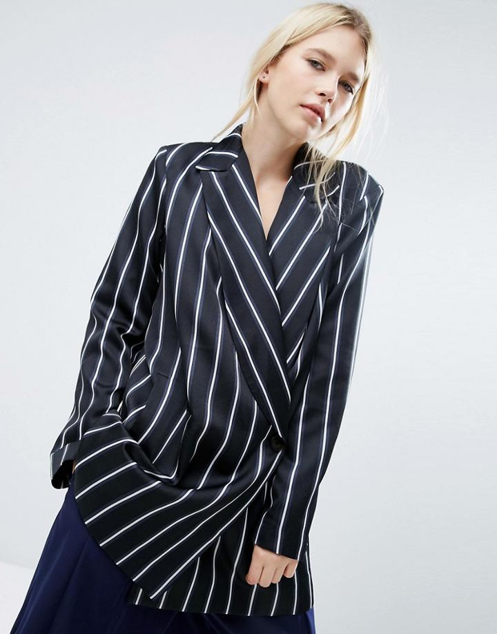 Asos White Pinstripe Blazer With Strap Fastening Detail - Black