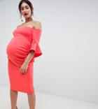 True Violet Maternity Flare Sleeve Bardot Midi Dress In Coral-orange