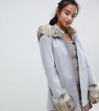 Miss Selfridge Petite Fur Trim Swing Coat In Pale Gray - Gray