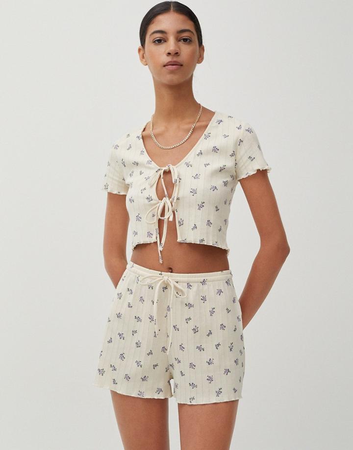Pull & Bear Coordinating Shorts With Embroidery In Beige-neutral