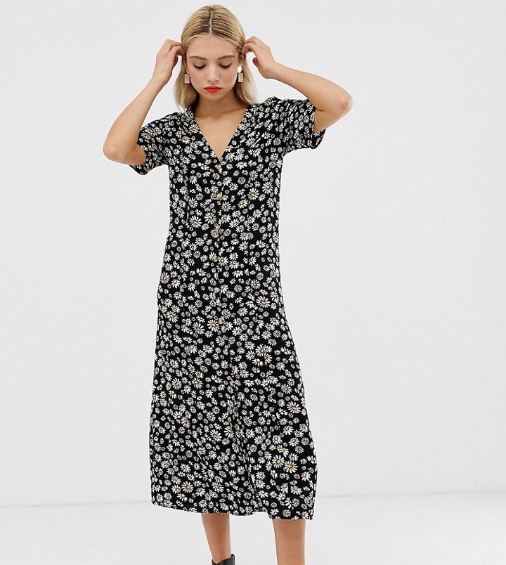 Monki Daisy Flower Print Midi Shirt Dress In Black - Black