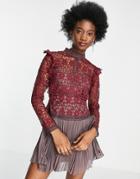 Asos Design Long Sleeve Lace Mini Dress With Contrast Lace And Pleated Hem-pink