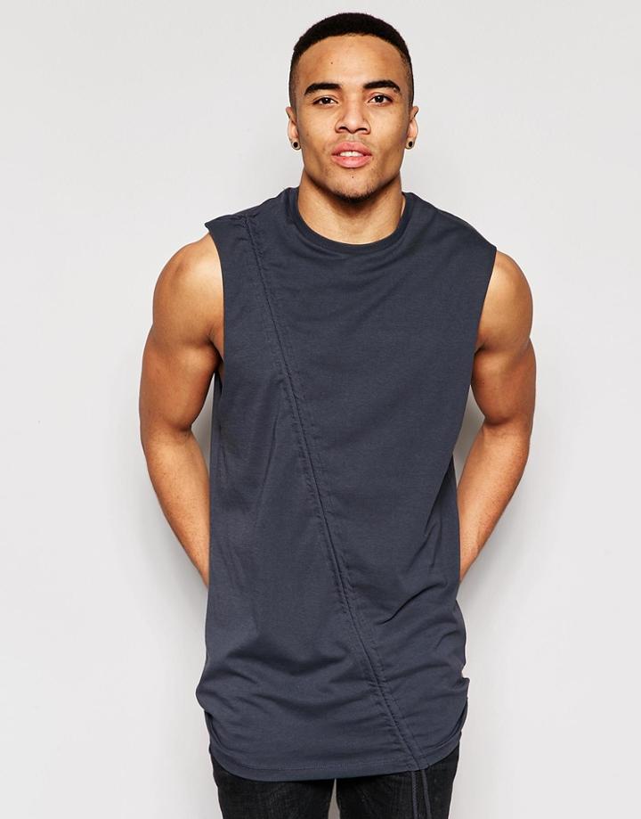 Asos Longline Sleevless T-shirt With Drawstring Detail And Drape Neck - Gray