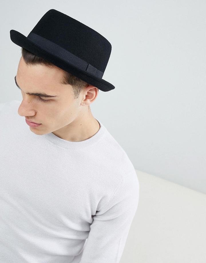Asos Design Pork Pie Hat In Black Felt - Black