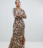 Missguided Twist Wrap Maxi Dress In Leopard - Multi