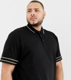Asos Design Plus Relaxed Polo Shirt With Contrast Gold Sleeve Taping In Black - Black
