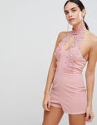 Ax Paris Lace Halter Romper - Pink