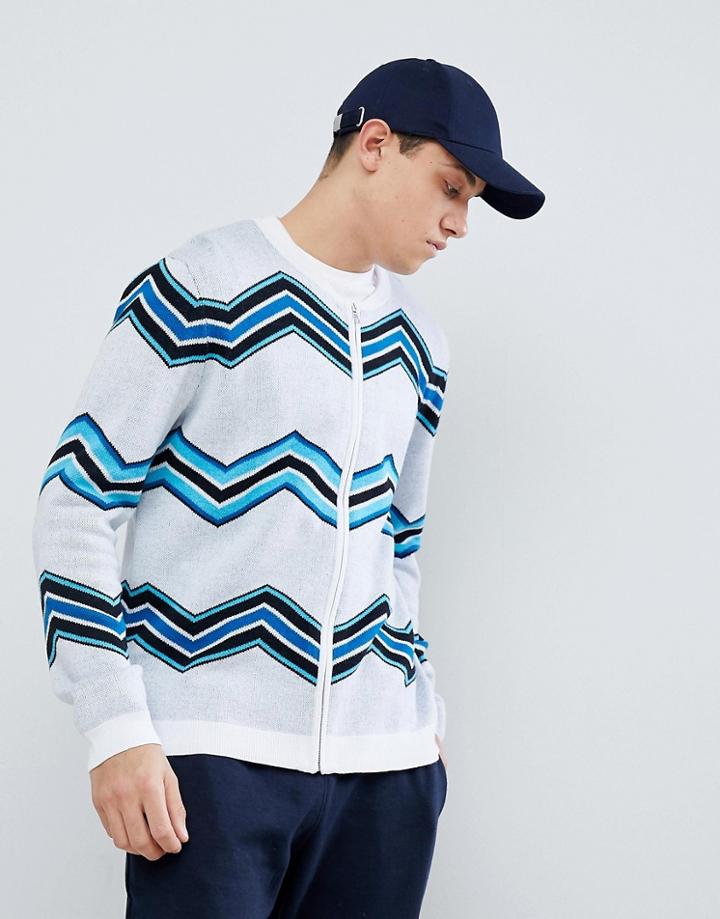 Asos Knitted Bomber Jacket With Chevron Stripe - White