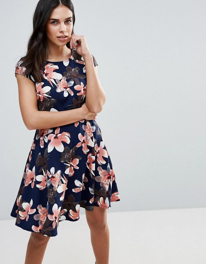 Qed London Floral Skater Dress - Navy