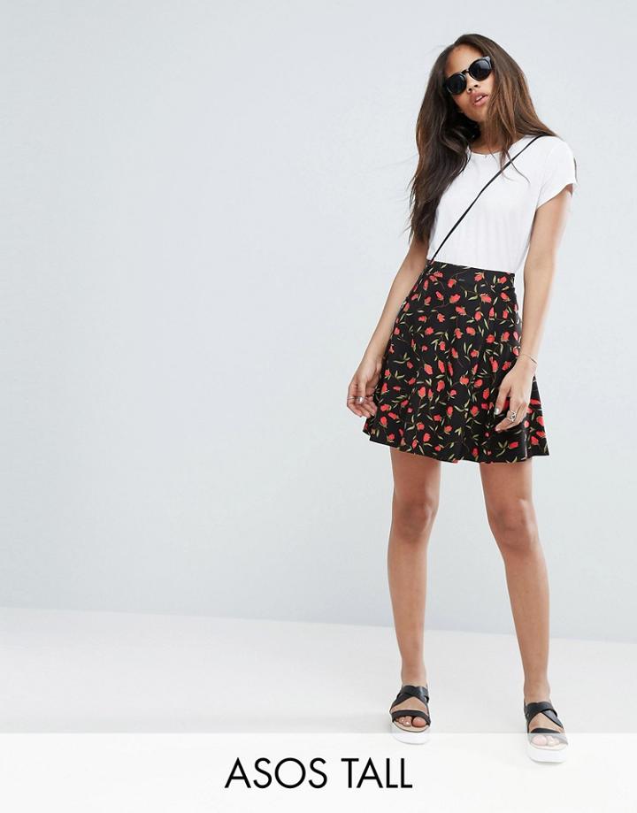 Asos Tall Skater Skirt With Pockets In Floral Rose Print - Multi
