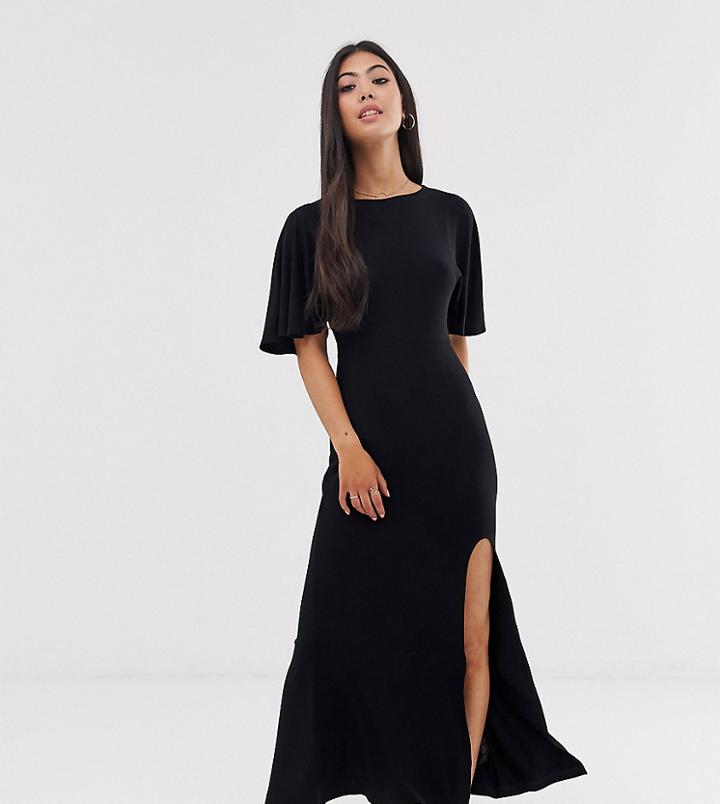 Asos Design Petite Flutter Sleeve Backless Maxi Dress With High Split-black