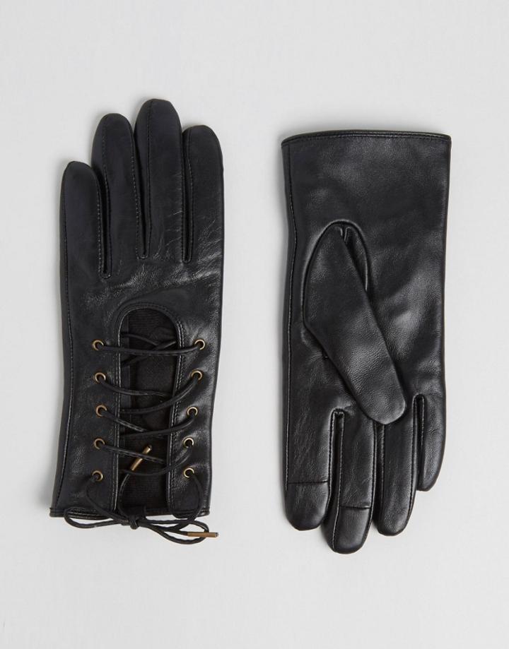 Asos Leather Lace Up Gloves With Touch Screen - Black