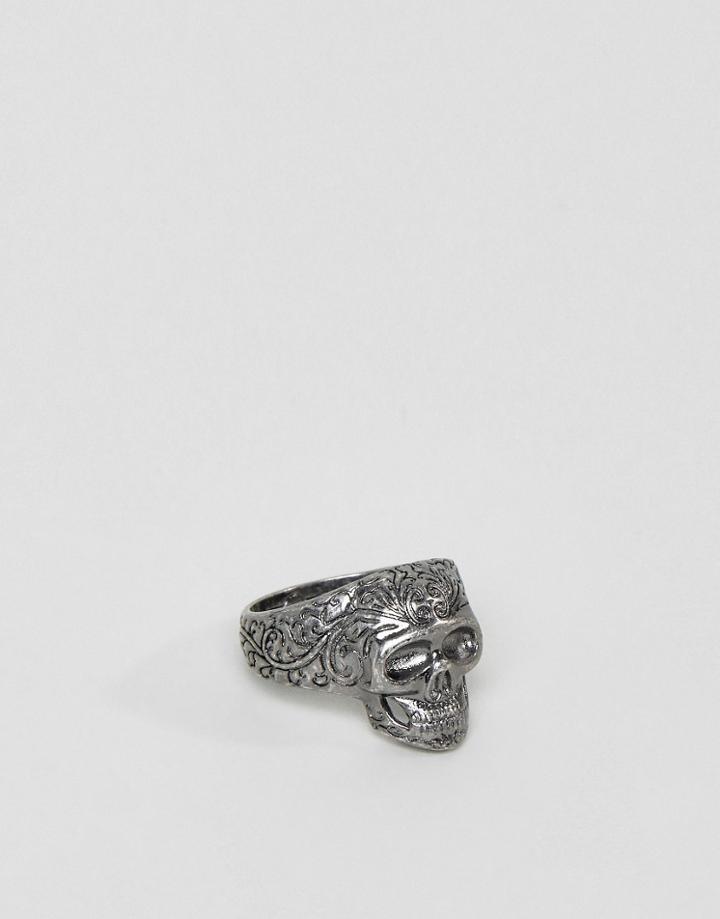 Rebel Heritage Brushed Brass Skull Ring In Black - Black