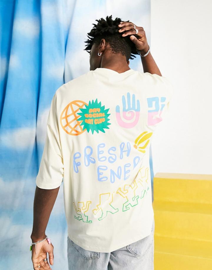 Asos Daysocial Oversized T-shirt With Back Fresh Energy Graphic Print In Off White