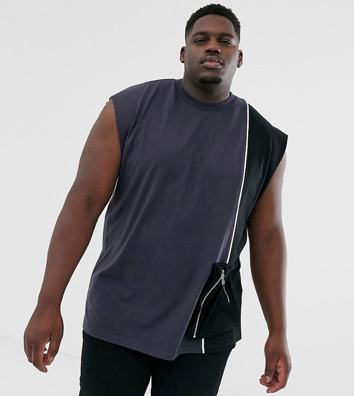 Asos Design Plus Oversized Sleeveless T-shirt With Utlity Pocket And Piping In Washed Black - Gray