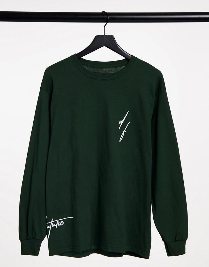 Asos Dark Future Long Sleeve T-shirt In Green With Logo Print