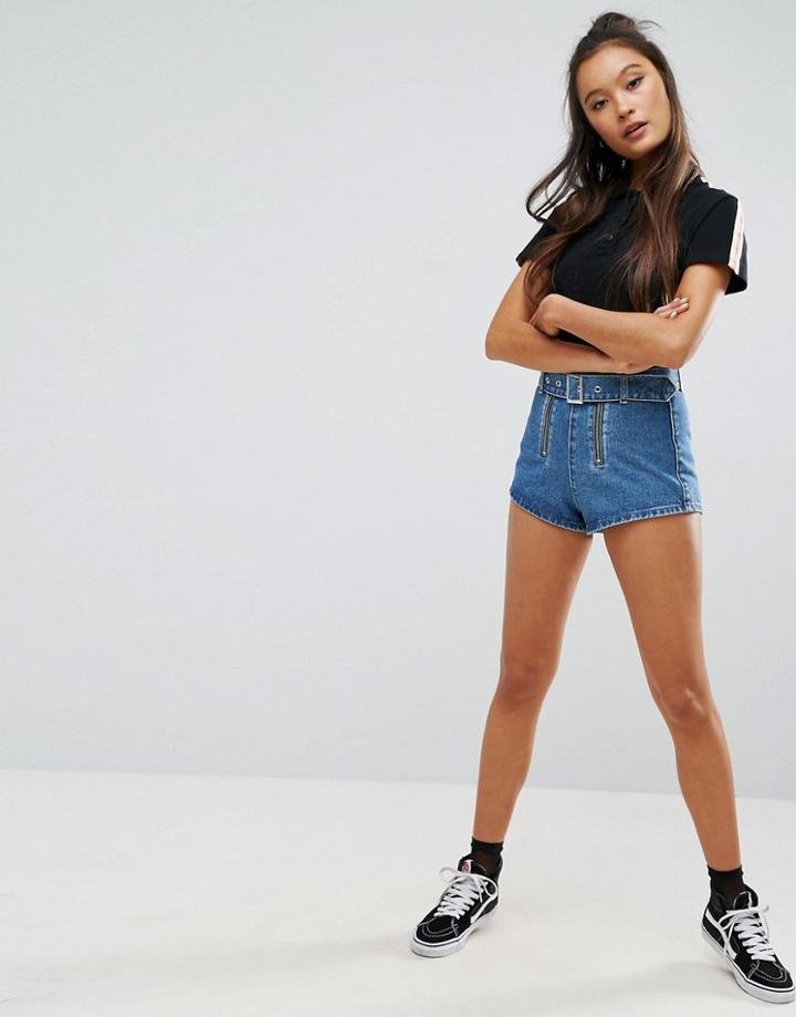 Asos Denim Hot Pants With Belt And Zip Detail - Blue