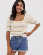 Asos Design Natural Yarn Stripe Knit Tee With Puff Sleeve - Cream