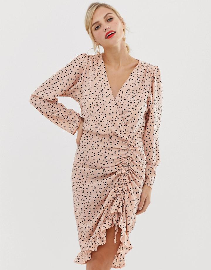 Liquorish Mini Wrap Dress With Ruffle Hem In Star Print - Multi