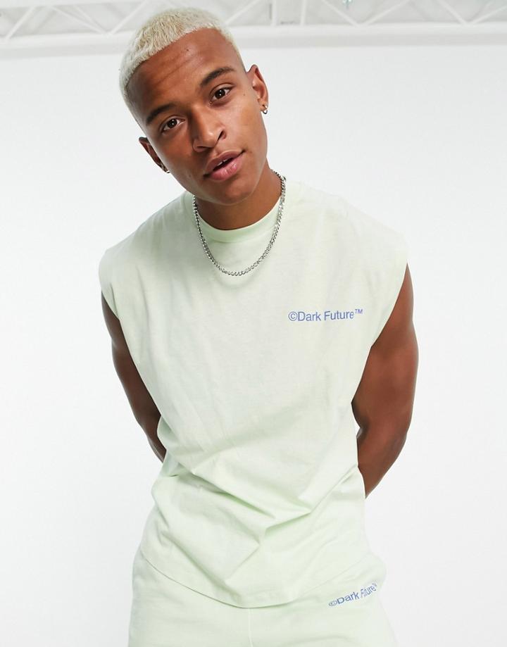 Asos Dark Future Oversized Tank Top With Dipped Hem And Logo Puff Prints In Light Green - Part Of A Set
