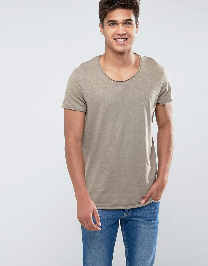 Jack & Jones Originals Long Line T-shirt With Scoop Neck And Raw Hem - Beige